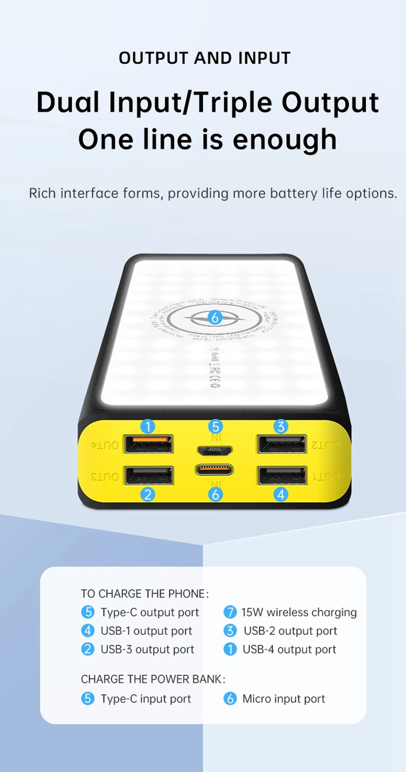 Factory Travel Style 30000mAh Big Capacity Outdoor Power Bank 6output 2 Input Support Mobile Wireless Charging Pd 22.5W Fast Solar USB Phone Charger