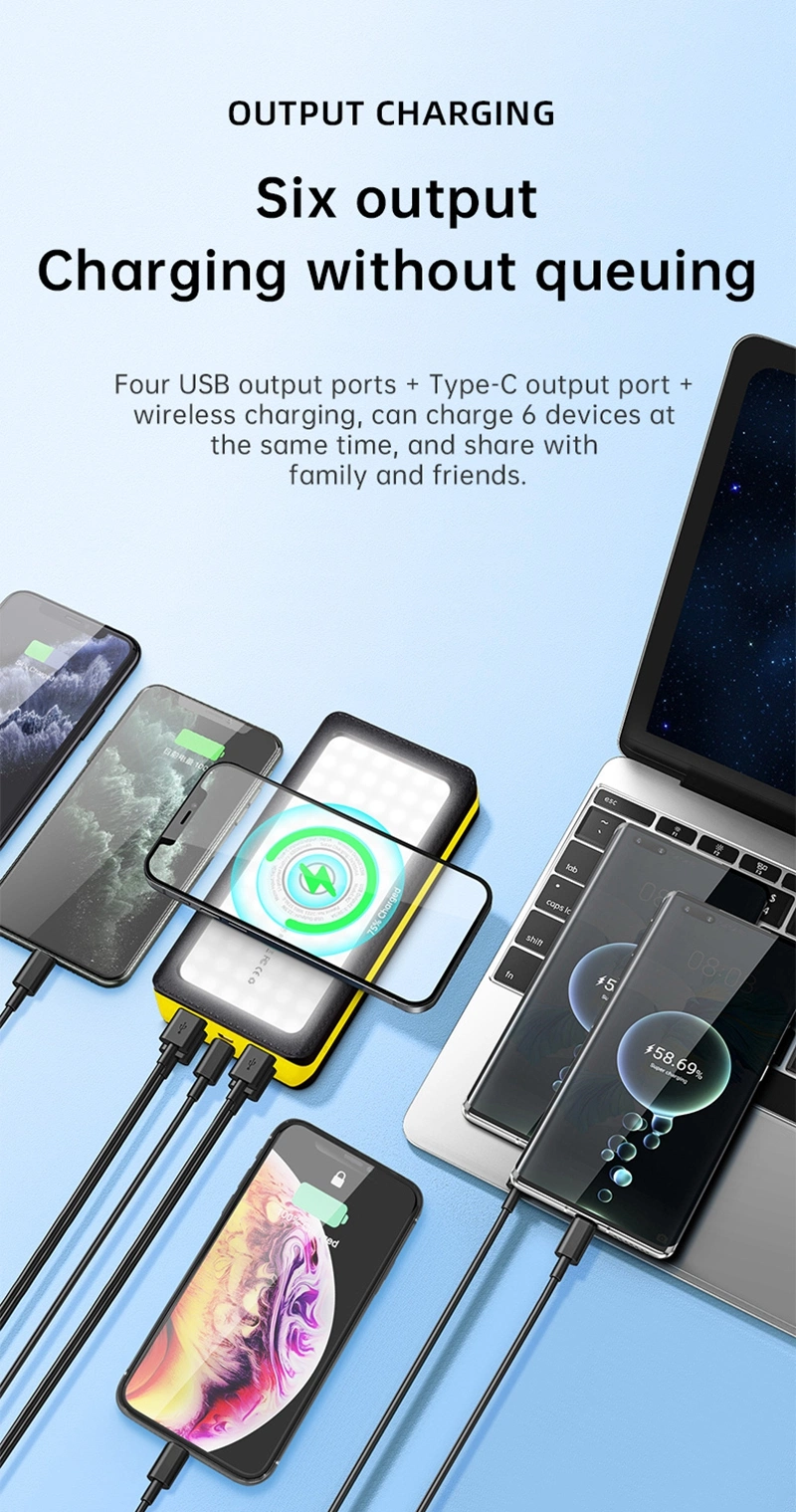 Factory Travel Style 30000mAh Big Capacity Outdoor Power Bank 6output 2 Input Support Mobile Wireless Charging Pd 22.5W Fast Solar USB Phone Charger